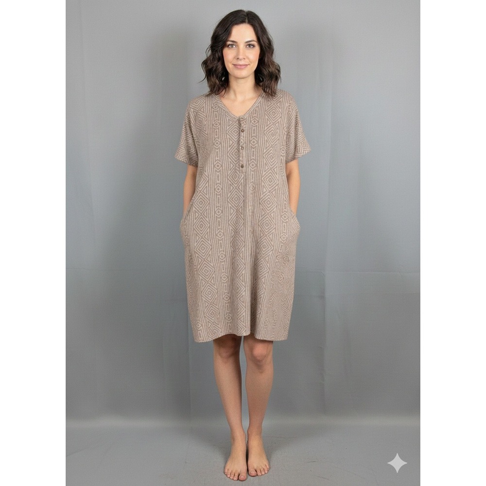 Dwell & Slumber Caftan Dress M/L Tan White Geometric‎ Nursing Maternity Pockets